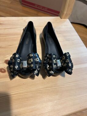 Mini Melissa Black Flats with Gold Floral Bow